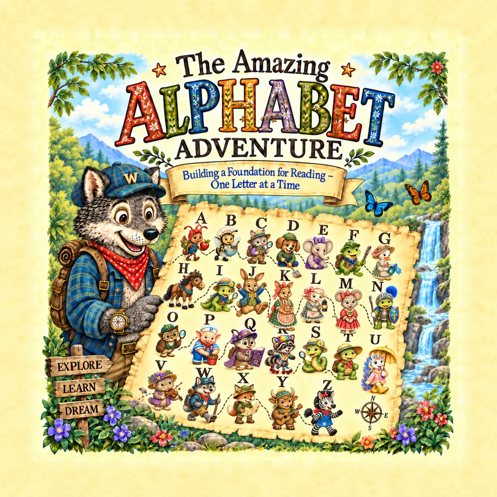 Front cover of The Amazing Alphabet Adventure: Wise Walter Wolf shows a treasure map of all 26 Alphabet Friends, from A to Z